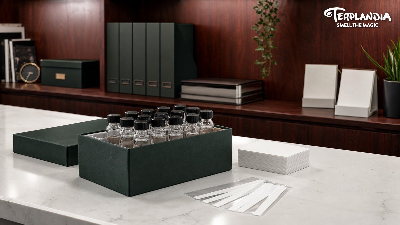 Retained reference library for terpene sensory QA with water-clear samples, scent strips, and blank lot cards.
