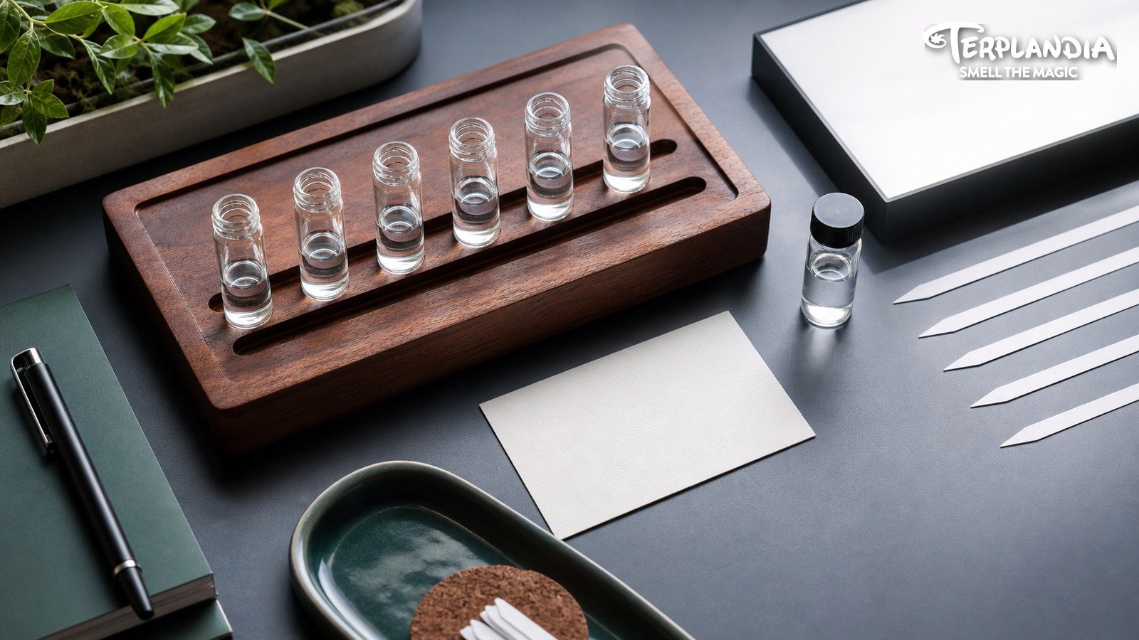 Cannabis brand terpene sample approval workflow from water-clear sample vial to retained reference and blank approval card.