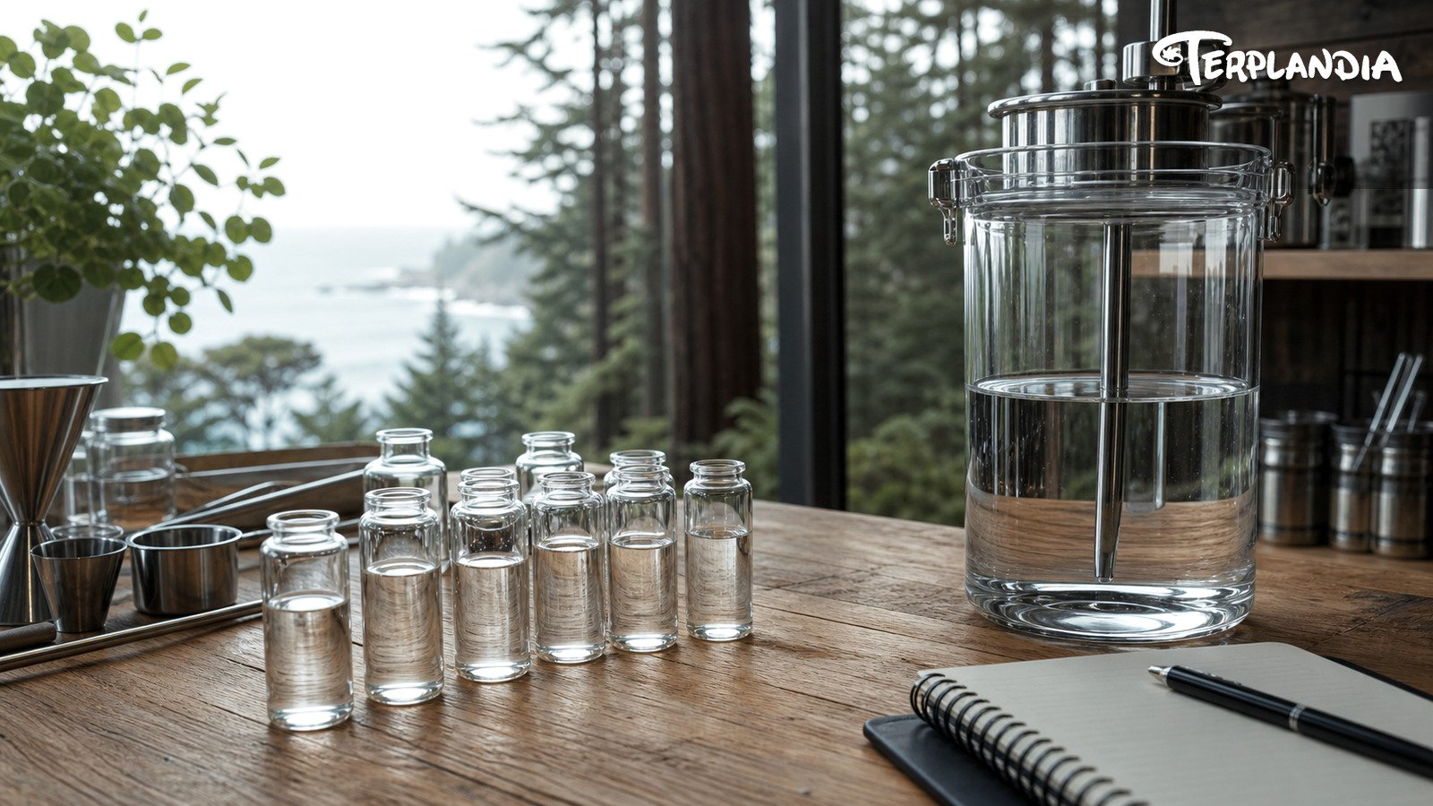 Bench sample vials and production tools showing a terpene formulation scale-up workflow.