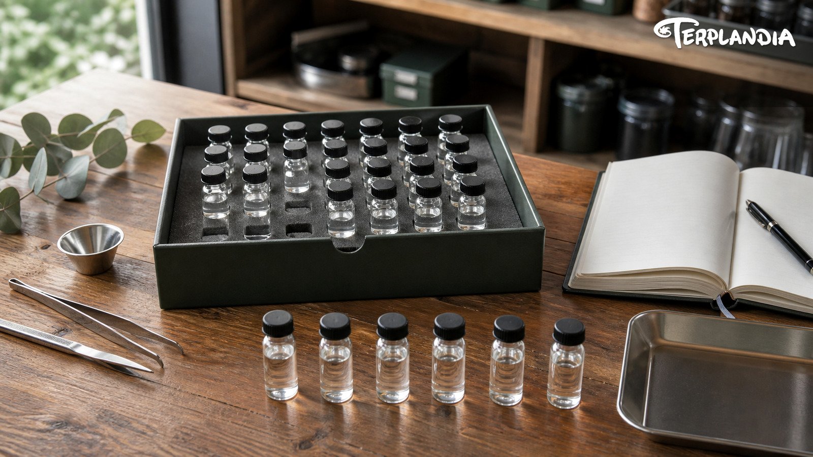Retained sample handoff station for a scaled terpene formulation.