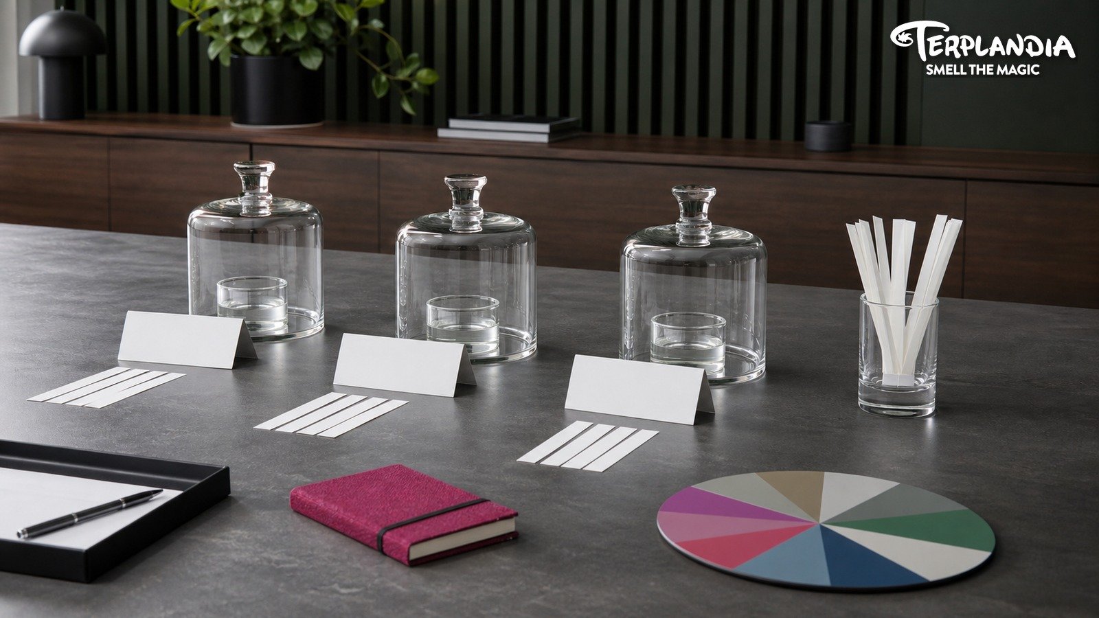 Blind cannabis terpene aroma comparison setup with covered clear samples, blank cards, and neutral scent strips.