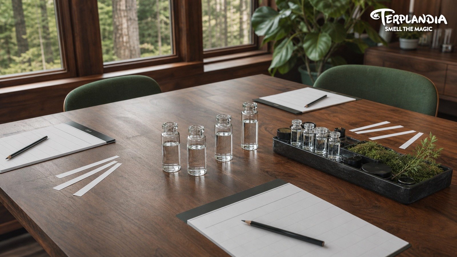 Terpene sensory evaluation table with water-clear CDT samples, scent strips, blank scorecards, and Humboldt redwood context.