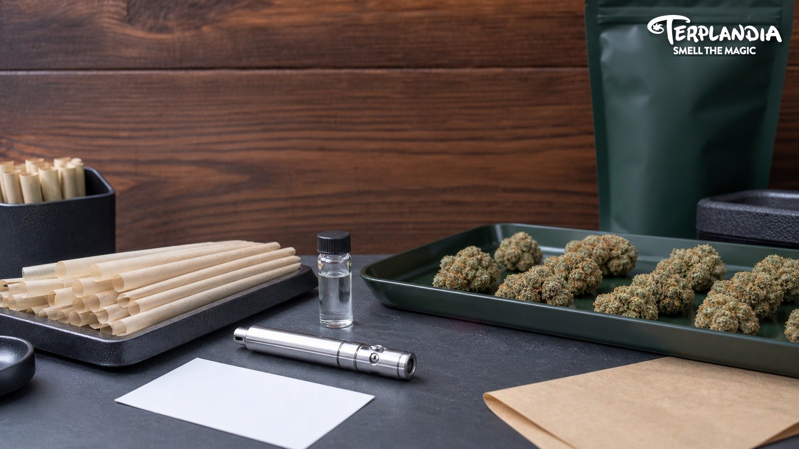 Pre-roll and infused flower terpene production handoff with unbranded cones, water-clear sample vial, blank QA card, and Humboldt wood context.