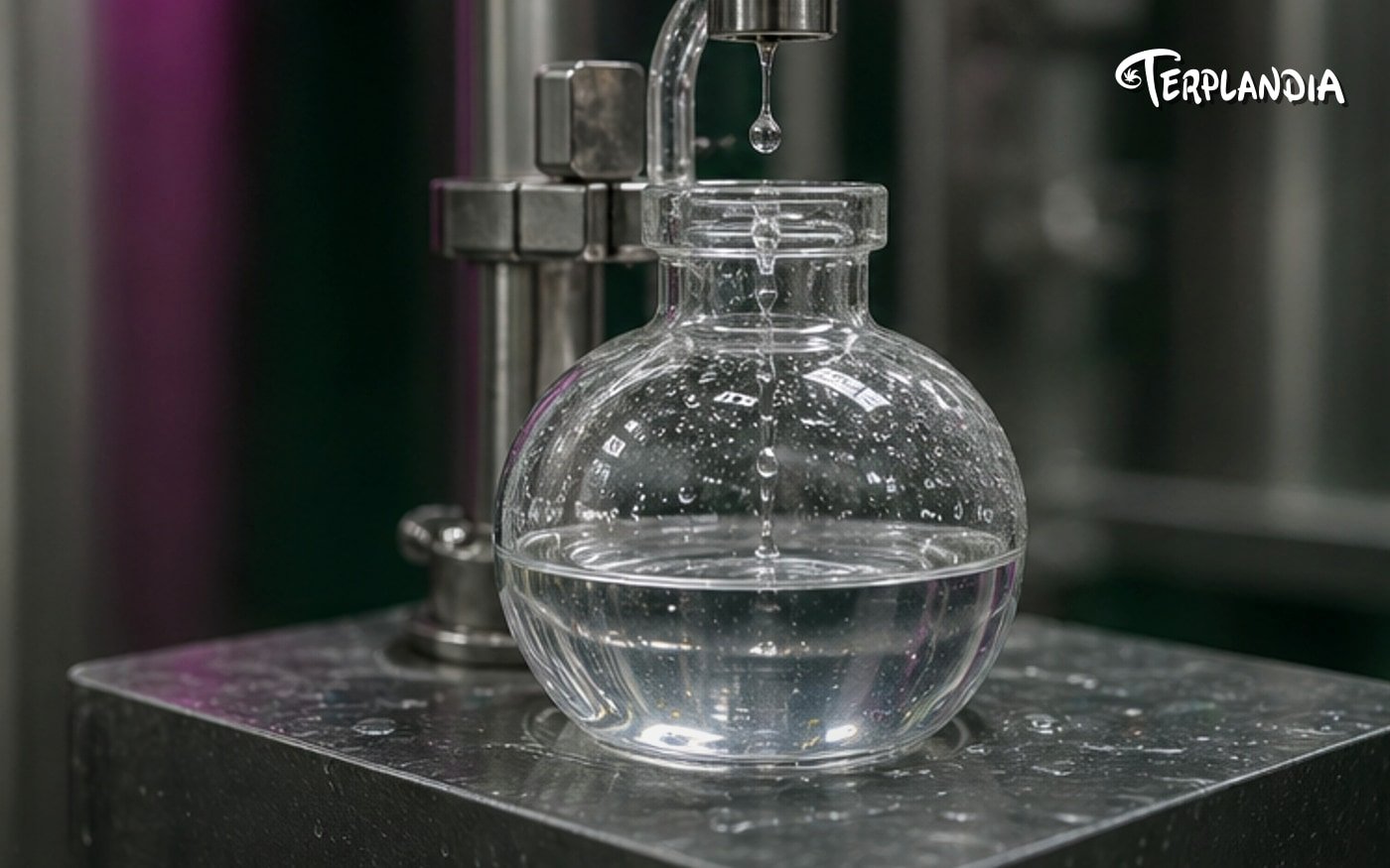 Water-clear cannabis-derived terpene sample stored in cool dark handling conditions with Humboldt craft-production cues.