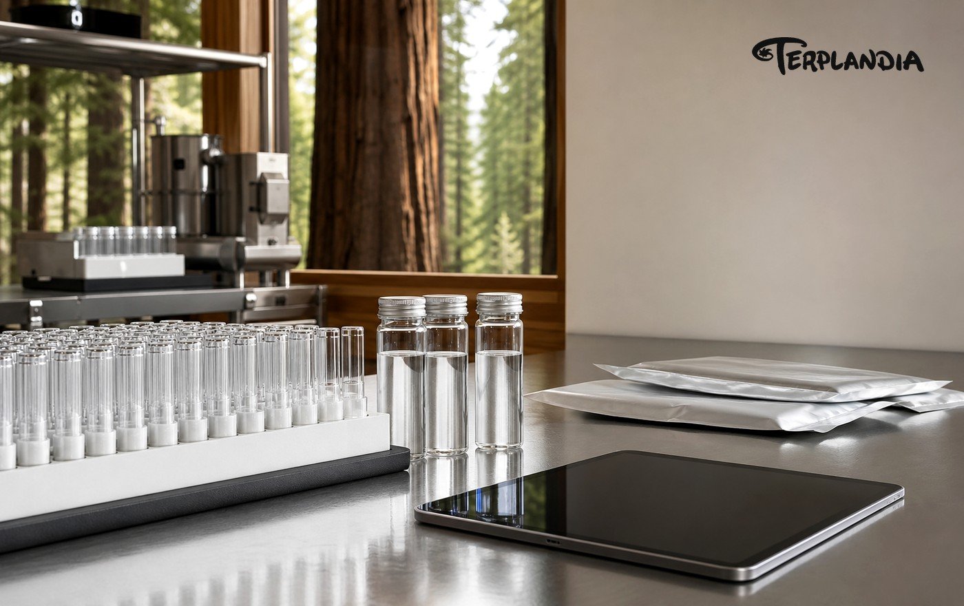 Quality assurance counter conducting long-term vape cart terpene stability checks on finished production hardware.