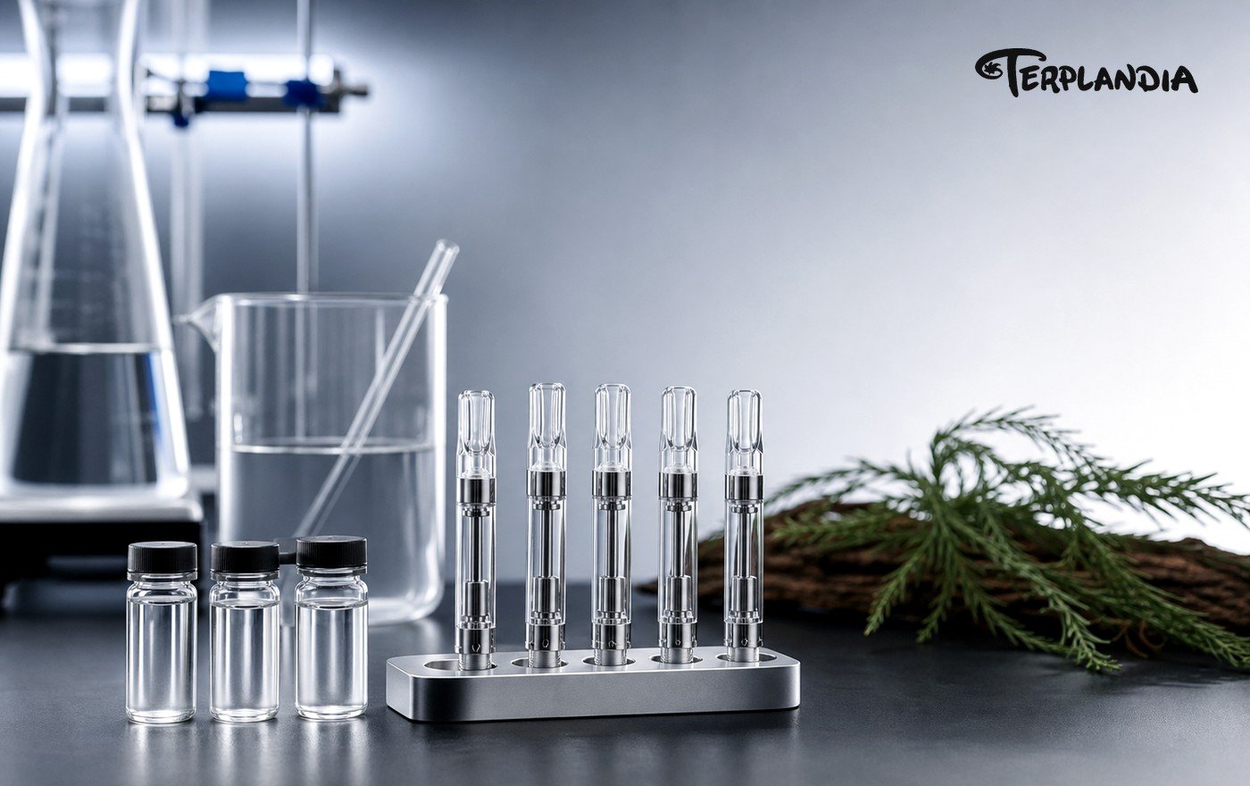 Diagnosing terpenes separating in vape cart on an industrial analytical bench with unbranded cartridge hardware and clear terpene fractions.