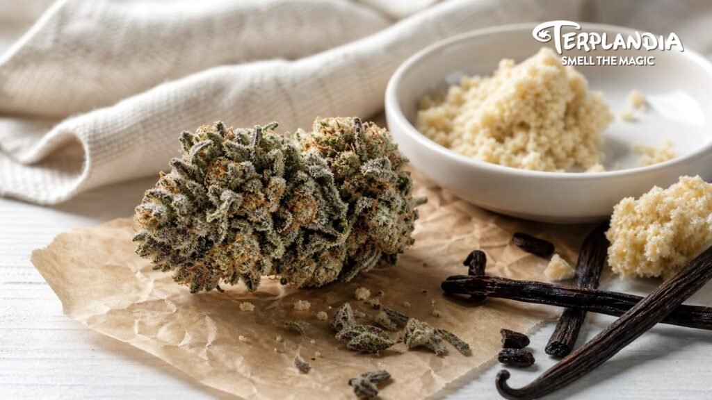 Wedding Cake CDT sensory context with vanilla dough, creamy crumb texture, cannabis botanicals, and dry vanilla cues.