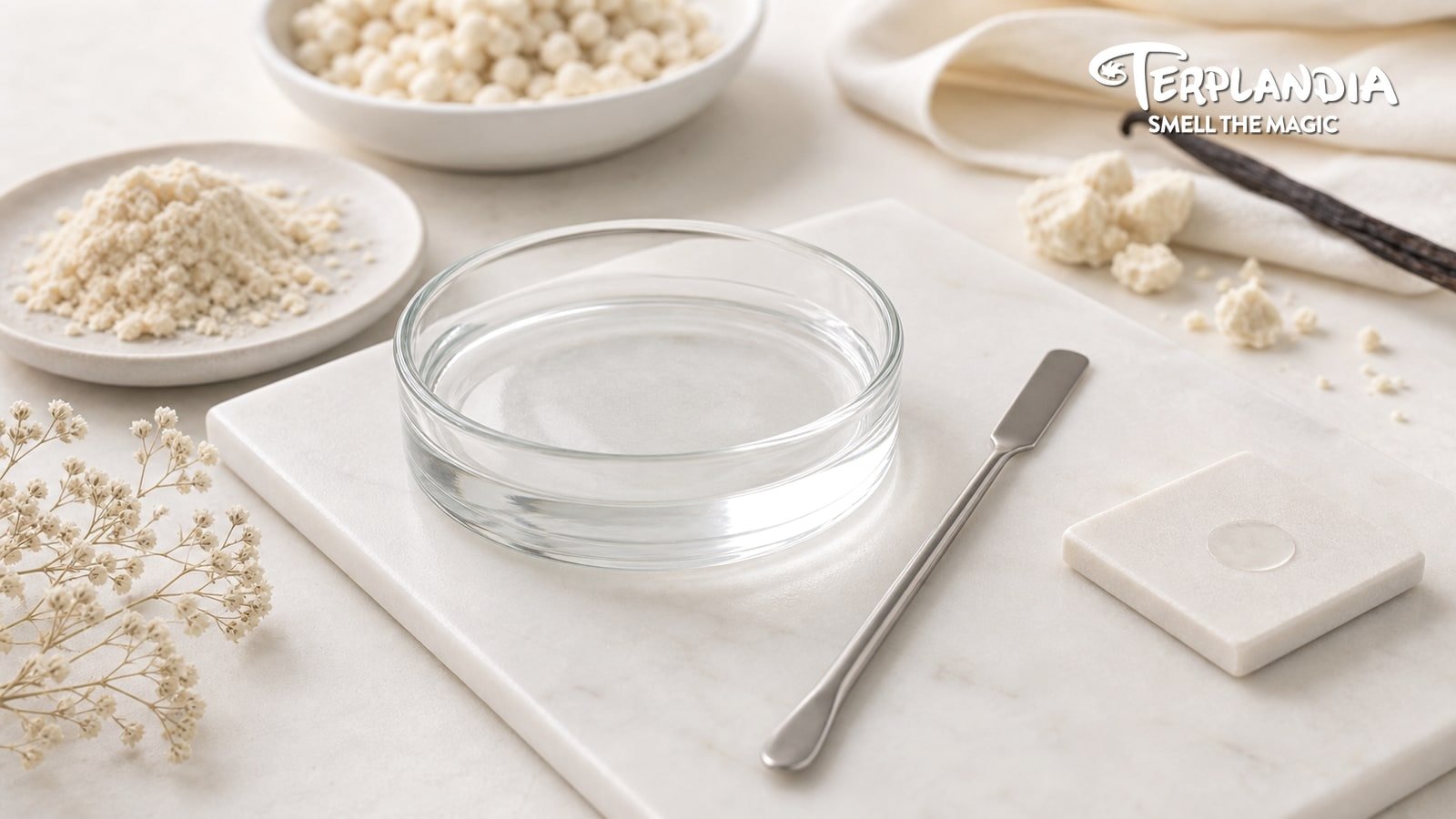 Wedding Cake CDT format-fit R&D scene with a clear watch dish, ceramic dosing tile, stainless micro-spatula, and cream dry swatches.