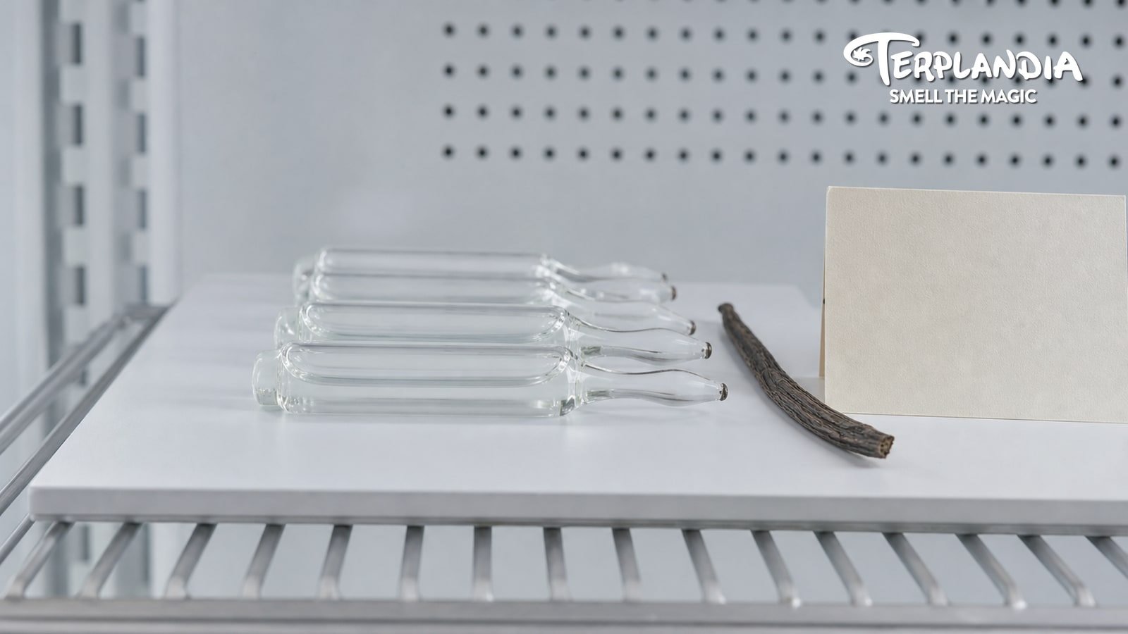 Wedding Cake CDT retained sample storage with clear ampoules, refrigerated shelf context, blank sample card, and dry vanilla cue.