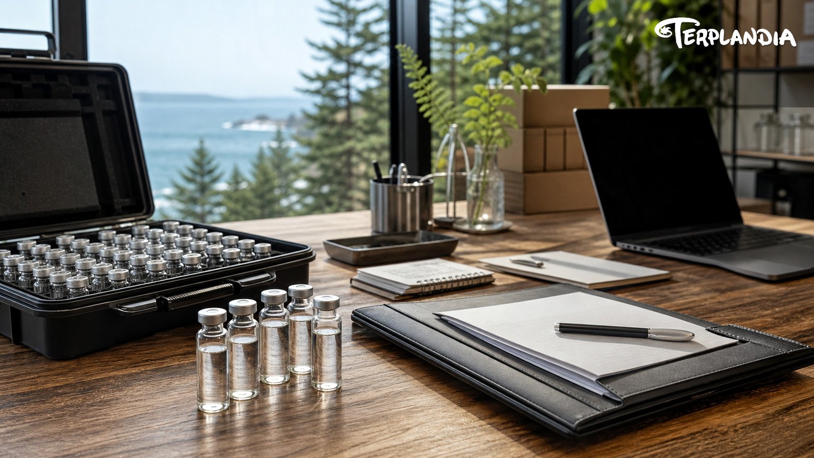 Wholesale terpene buyer desk with sample case and sourcing notes for cannabis manufacturers.