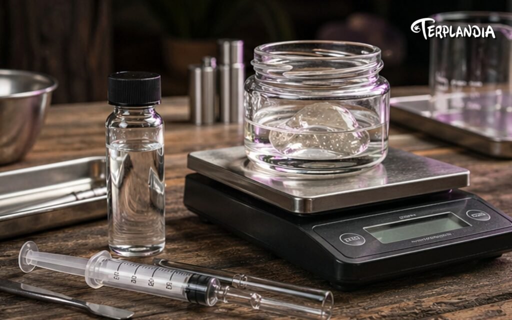 Wholesale terpene sample kit on a Humboldt buyer table with clear vials, calculator, and neutral quote paperwork.