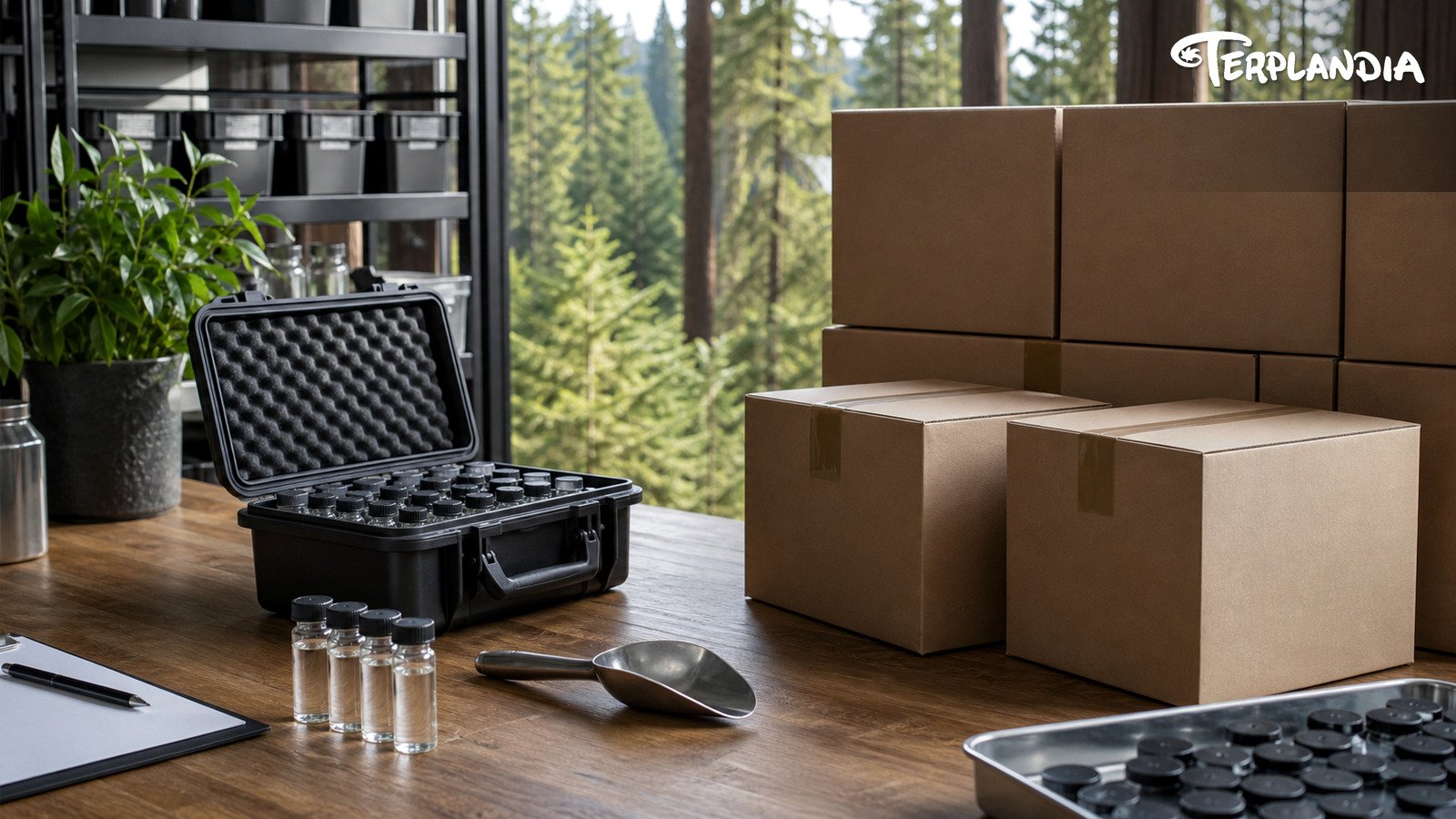 Wholesale terpene order readiness bench with sample kit and fulfillment boxes.