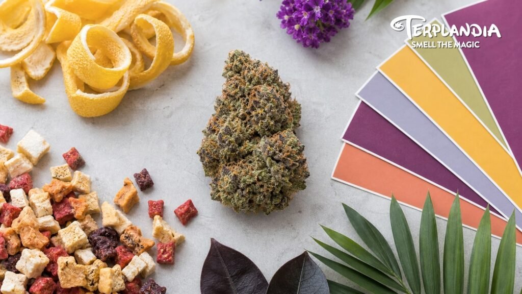 Zkittlez CDT sensory context with tropical fruit, grape, citrus peel, cannabis botanicals, and dry color swatches.
