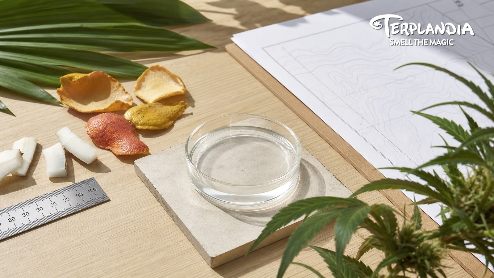Water-clear Zkittlez CDT sample with source proof materials, blank farm map, dry tropical peel cues, and QA tools.