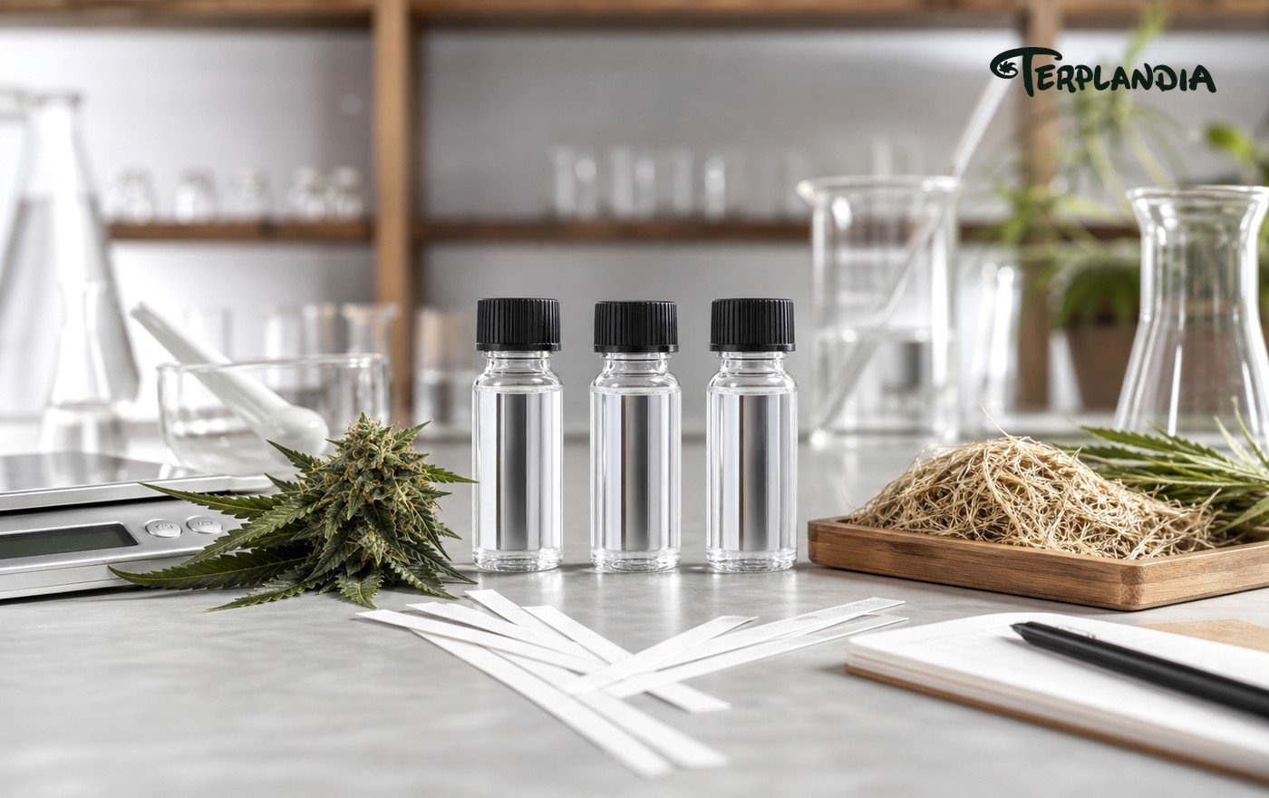 Clear terpene samples and aroma strips for sensory comparison of cannabis-derived and hemp-derived terpene profiles.