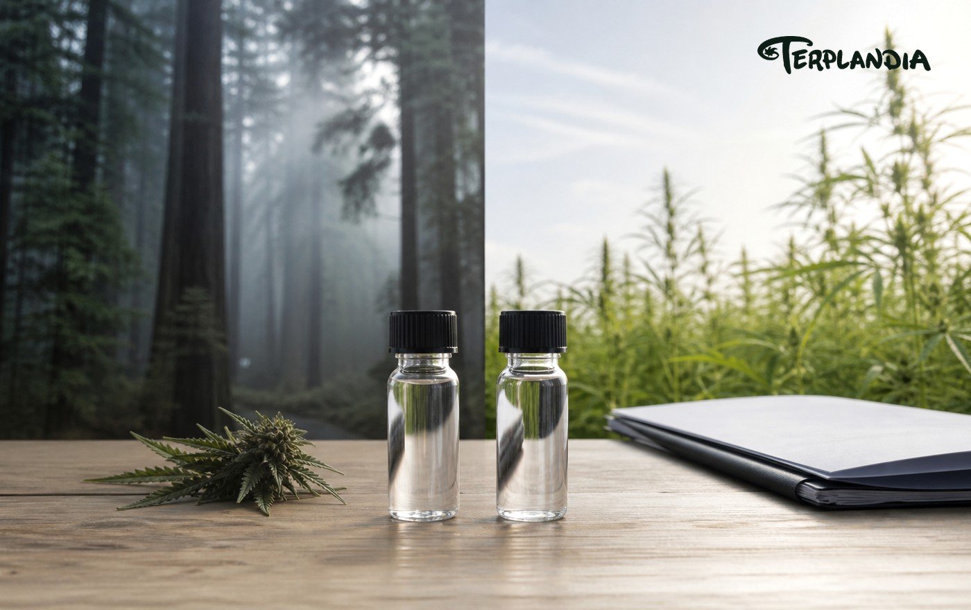 Cannabis-derived and hemp-derived terpene sourcing comparison with clear sample vials and Humboldt source context.