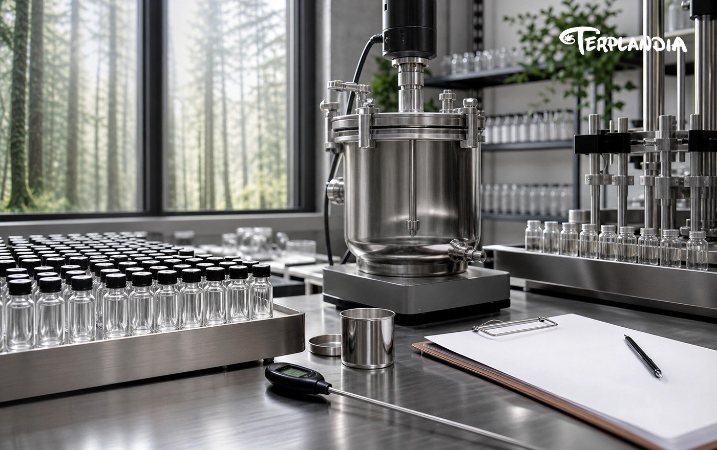 Cool terpene mixing production check with sealed clear vials, chilled rack, and stainless mixer.