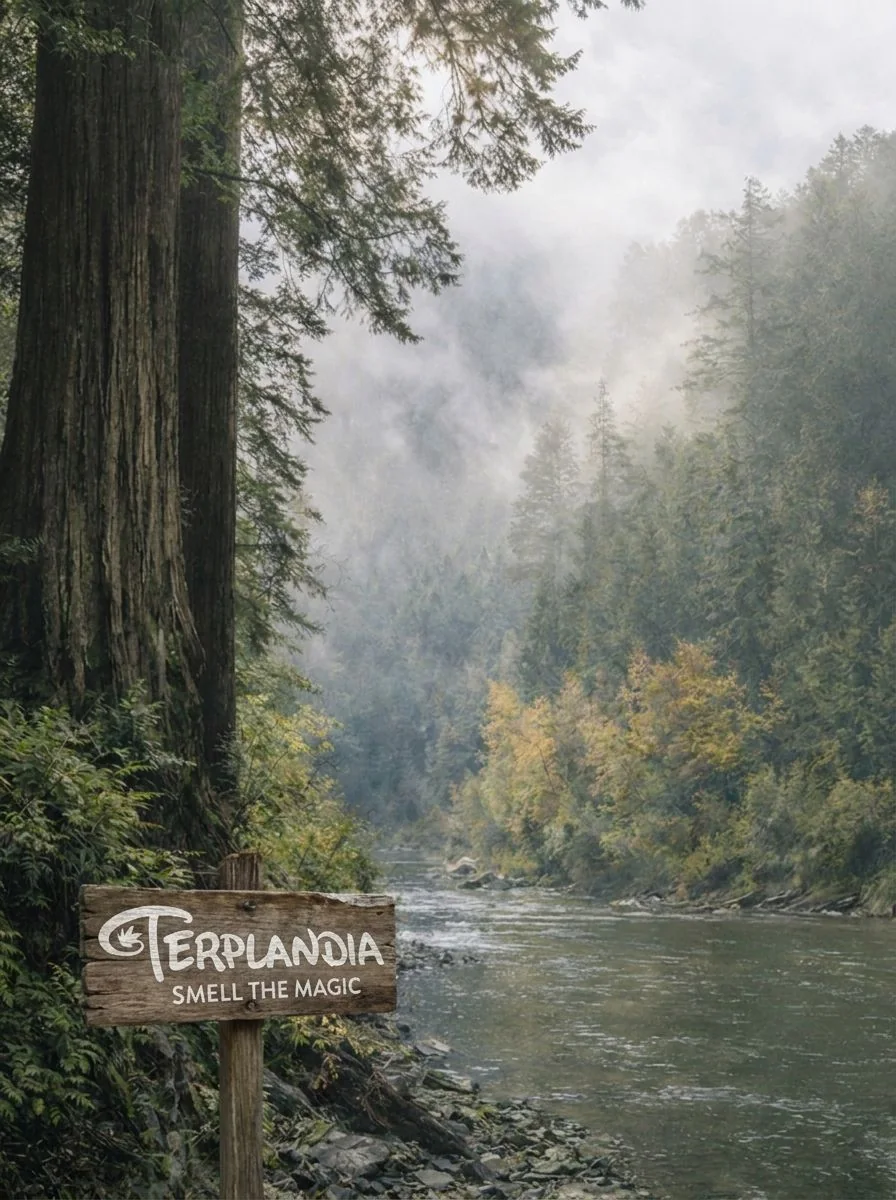 A Terplandia Smell the Magic sign beside a misty Humboldt County redwood river