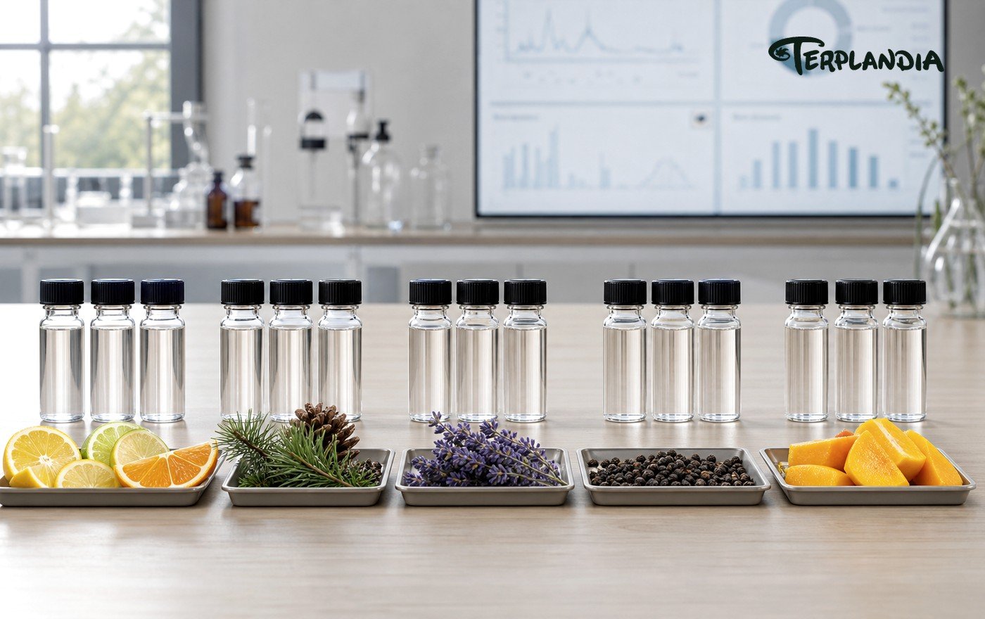 Terpene family reference with clear vials and separate citrus, pine, floral, spice, and fruit cues.