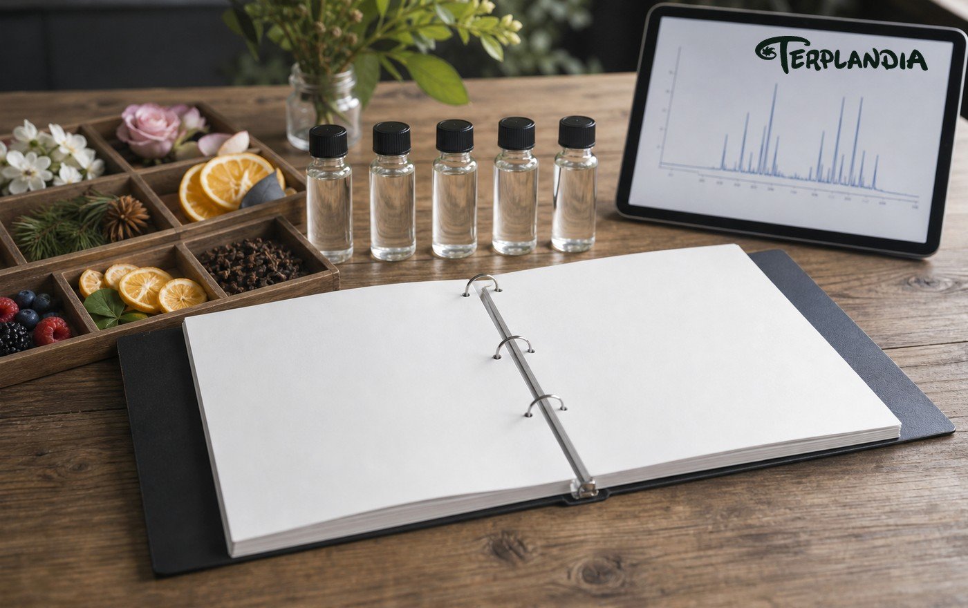 Procurement and QA binder for cannabis terpene glossary training with clear terpene samples.