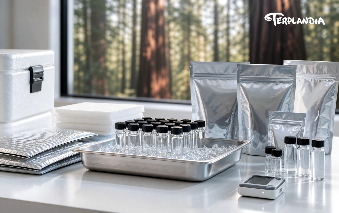Terpene packaging and storage stability check with clear samples in a chilled tray and data logger.
