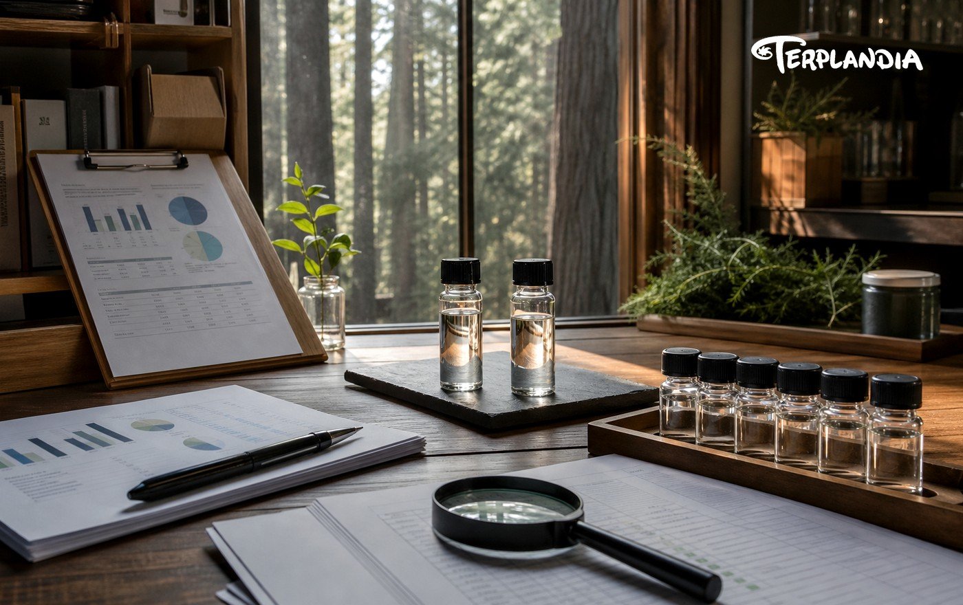 Buyer checklist desk with retained clear terpene samples for cannabis and hemp source evaluation.