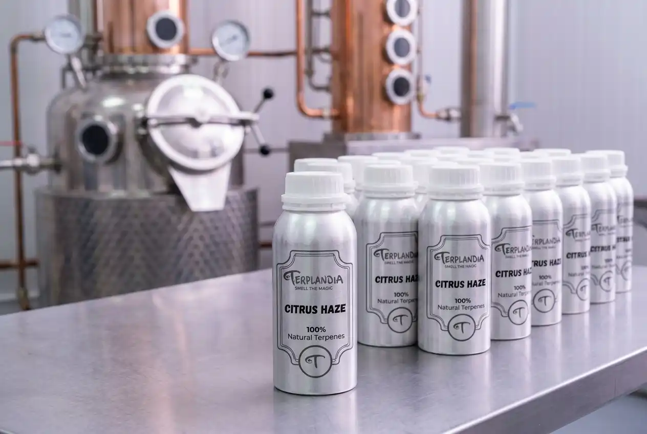 Rows of Terplandia terpene bottles on a stainless steel production bench