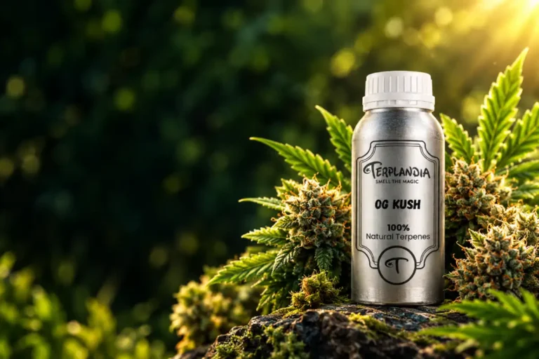 Terplandia OG Kush terpene bottle resting among dense cannabis buds in a sunlit forest