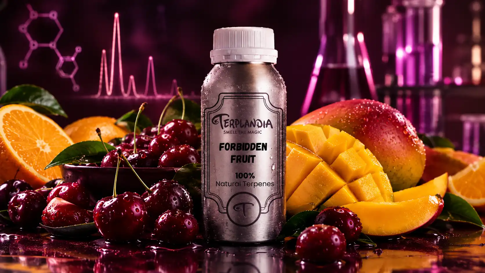 Terplandia Forbidden Fruit terpene bottle surrounded by cherries, orange halves and sliced mango in a laboratory setting