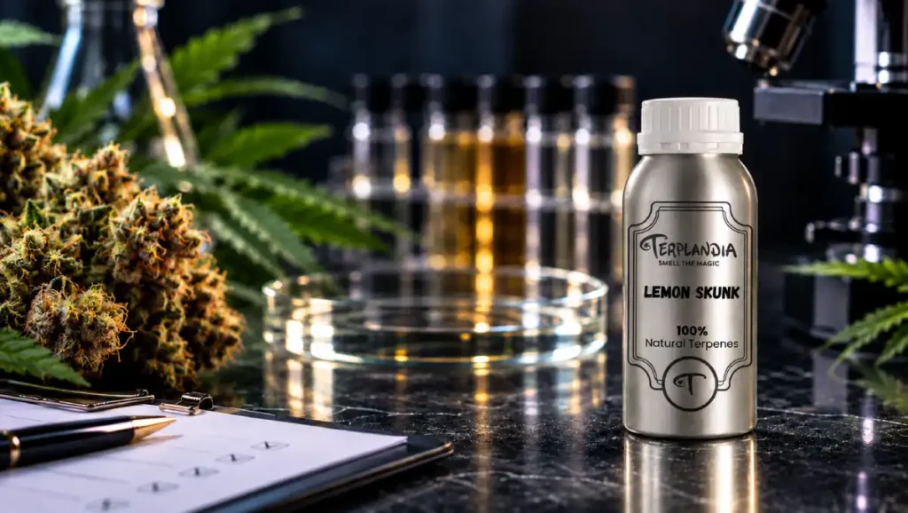 Terplandia terpene bottle on a laboratory bench with cannabis flower, sample vials and a supplier checklist