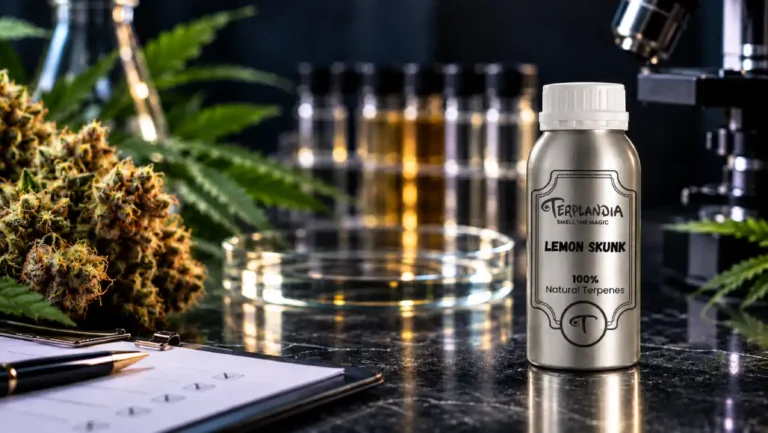 Terplandia terpene bottle on a laboratory bench with cannabis flower, sample vials and a supplier checklist