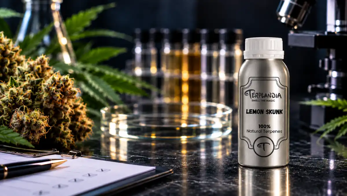 Terplandia terpene bottle on a laboratory bench with cannabis flower, sample vials and a supplier checklist