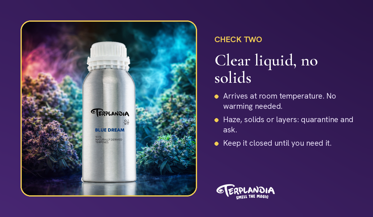 Terplandia 1000 mL Blue Dream bottle with a note that terpenes arrive at room temperature and should be a clear liquid with no solids