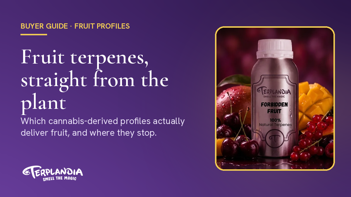 Terplandia Forbidden Fruit bottle beside the headline Fruit terpenes, straight from the plant