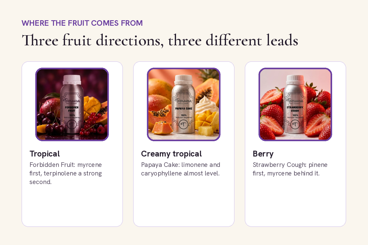 Three fruit directions from cannabis-derived terpenes: tropical Forbidden Fruit, creamy tropical Papaya Cake and berry Strawberry Cough, each with its leading terpenes