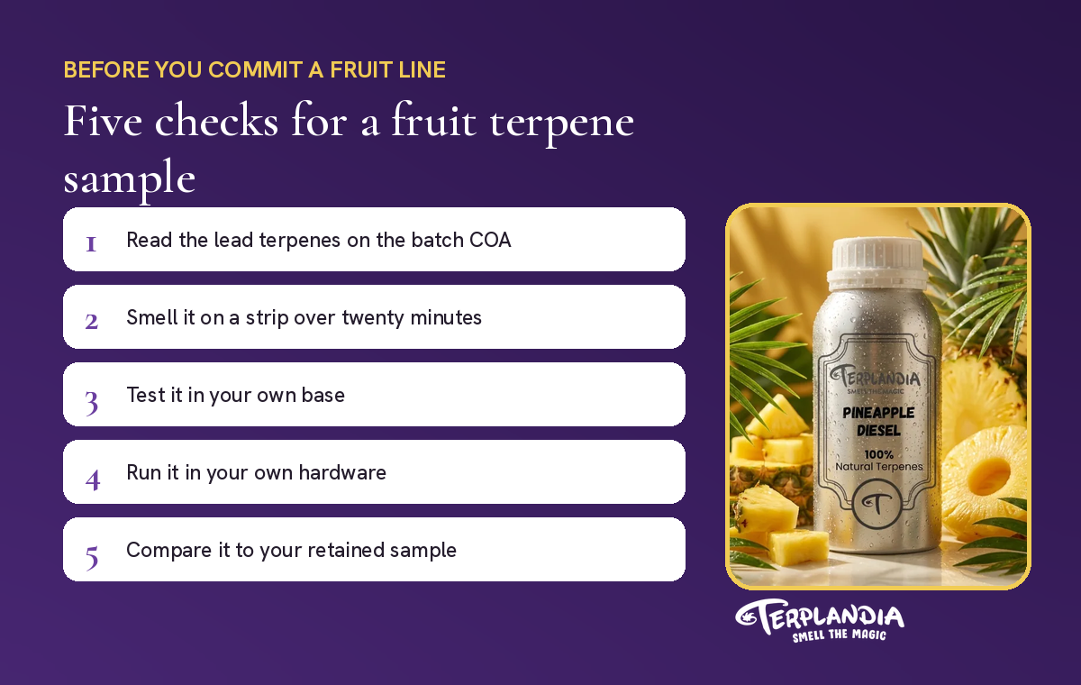 Five checks for a fruit terpene sample next to a Terplandia Pineapple Diesel bottle
