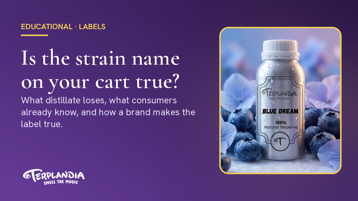 Terplandia Blue Dream bottle beside the headline Is the strain name on your cart true?
