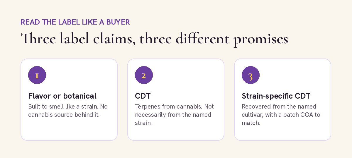 Three label claims compared: flavor or botanical, CDT, and strain-specific CDT, with what each one promises
