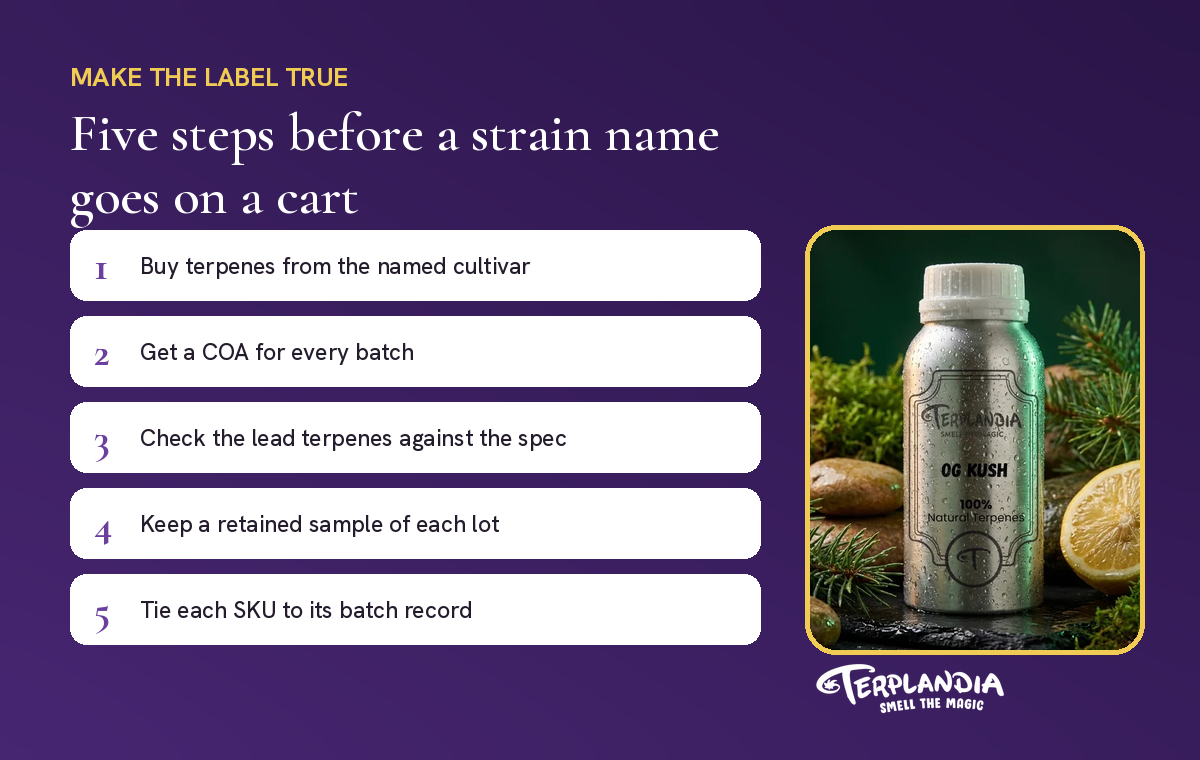 Five steps before a strain name goes on a distillate cart, next to a Terplandia OG Kush bottle